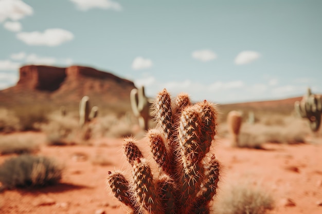 Foto de un cactus con un paisaje desértico borroso