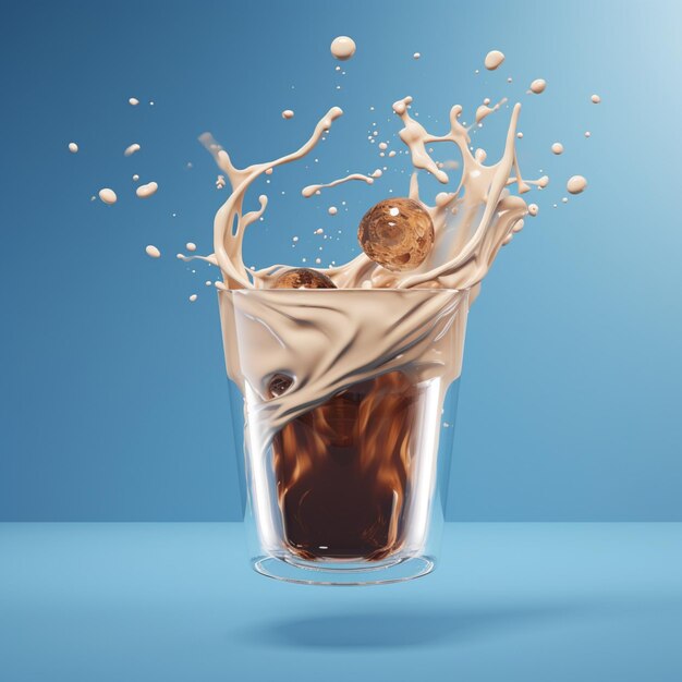 Foto de café flotante fresco aislado en fondo azul bebida de café renderización 3D