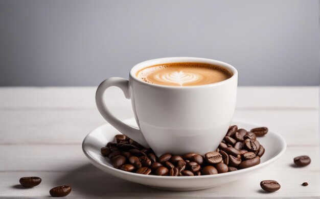 Una foto de café en una taza blanca y humo en el fardo.