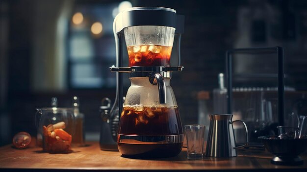 Una foto de una cafetera de cerveza fría con un lote listo para servir