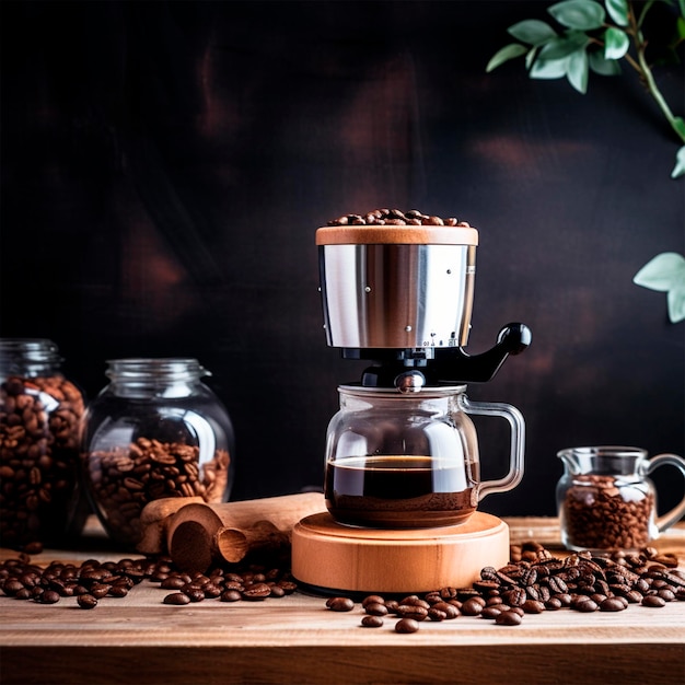 Foto foto de cafetera en la mesa de café.