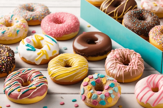 foto una caja de donuts coloridos con diferentes sabores en ella