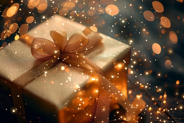 Una foto de una caja de regalo adornada con un hermoso arco listo para una ocasión especial o celebración Una caja con cintas de regalo y chispas generada por IA