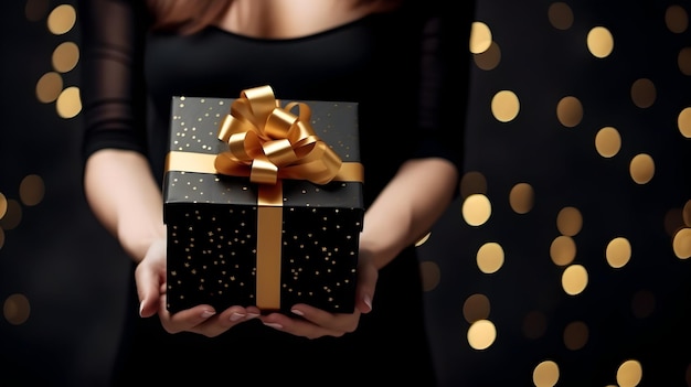 Foto Caja de regalos de mano femenina aislada en un fondo borroso negro Banner de venta del Viernes Negro