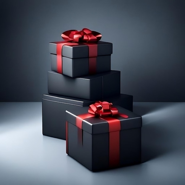 Foto de cajas de regalo negras en 3D colocadas sobre un fondo oscuro generadas por IA viernes negro IA generativa