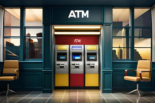 Foto foto de cajero automático y trazado de recorte de tarjeta de crédito o débito incluido fondo de cajero automático concepto de banca financiera