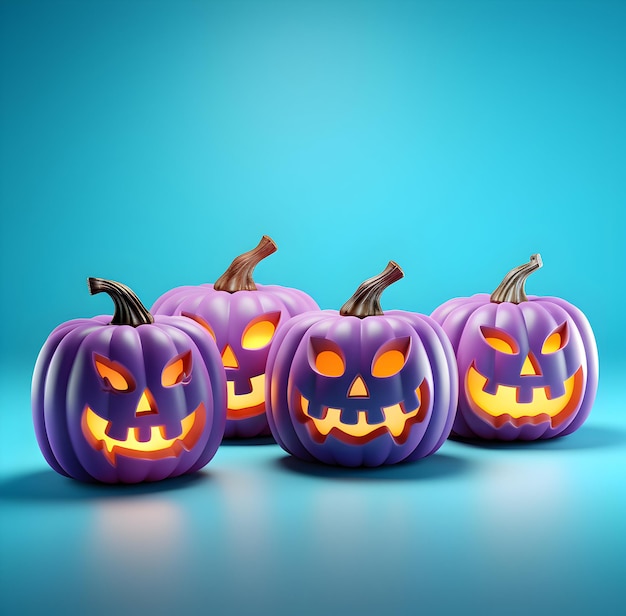 Foto calabazas de halloween con caras graciosas y aterradoras banner de venta para el concepto del día de halloween en azul