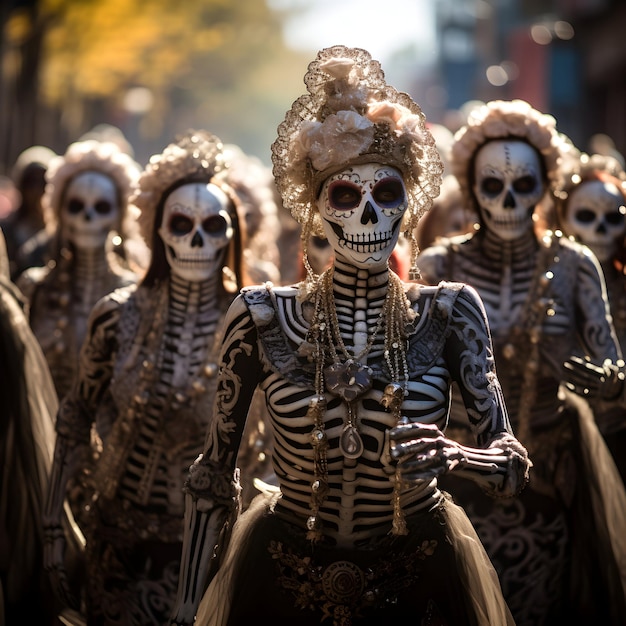 Foto calavera catrina look para fiesta del día de muertos con música generativa ai