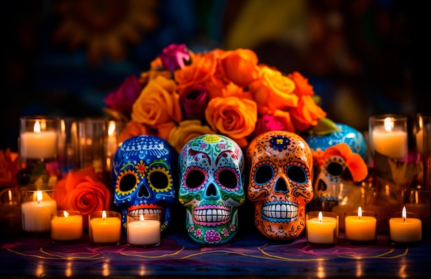 Foto calavera con flores velas día de muertos concepto méxico