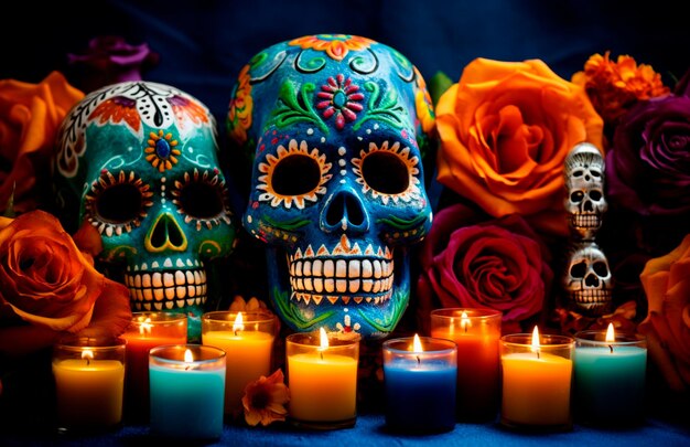 Foto calavera con flores velas día de muertos concepto méxico