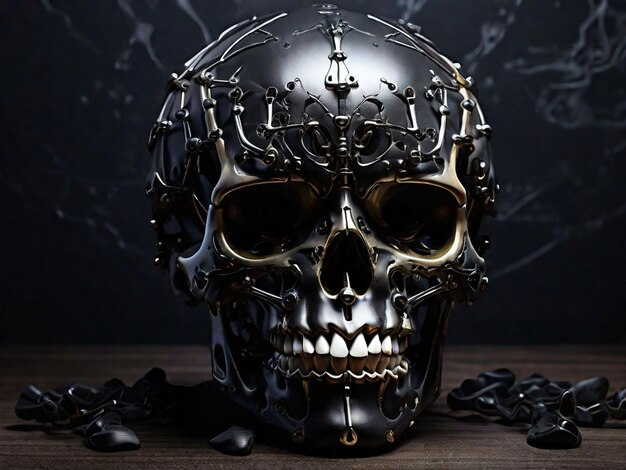 Foto calavera negra cabeza de esqueleto malvado concepto de Halloween IA generativa