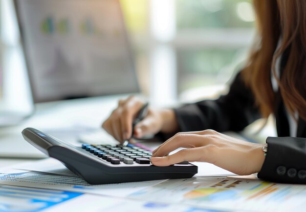 Foto foto de una calculadora en las manos comprobando las ganancias de la empresa, el gerente de la cuenta de ingresos trabajando