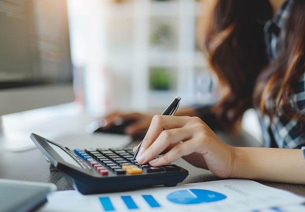 Foto de una calculadora en las manos comprobando las ganancias de la empresa, el gerente de la cuenta de ingresos trabajando