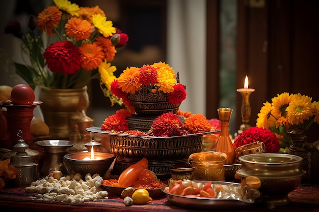 Foto de caléndulas en una celebración tradicional de Diwali