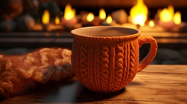 Una foto de una cálida taza de café con un abrigado de punto