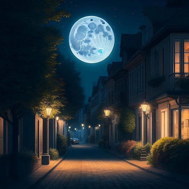 Una foto de una calle con una luna llena encima