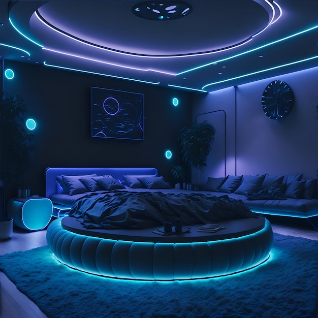 Foto de una cama circular moderna iluminada con luces azules en el dormitorio de una lujosa villa