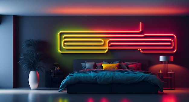 Foto de una cama elegante en una habitación de diseño moderno iluminada por un letrero de neón