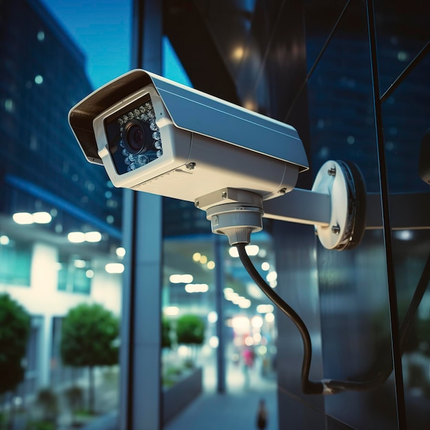 Una foto de una cámara de vigilancia que vigila un edificio comercial