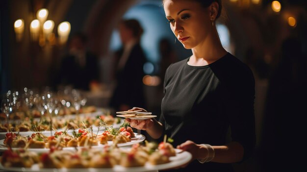 Una foto de un camarero que sirve aperitivos en una fiesta de cócteles