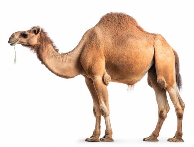 Foto de un camello aislado en una vista lateral de fondo blanco