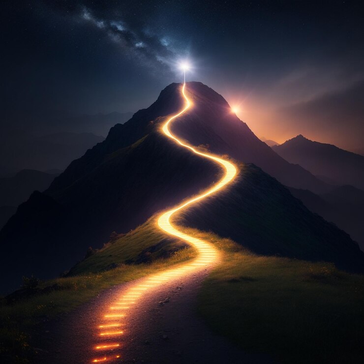 Foto camino al éxito con un camino de luz brillante subiendo la montaña