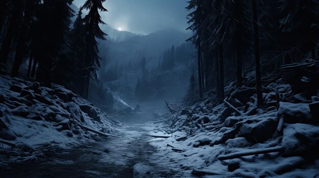 Una foto de un camino de avalancha nevada en una noche clara de luna