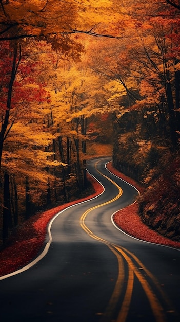 Foto de un camino forestal con curvas con fondos de hojas de otoño