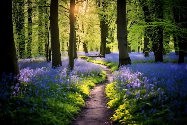 Foto de un camino iluminado por el sol a través de un bosque de bluebell