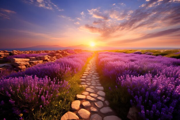 Foto de un camino iluminado por el sol a través de un campo de lavanda Flower Garden