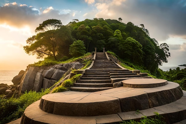 Foto un camino de piedra con un atardecer de fondo