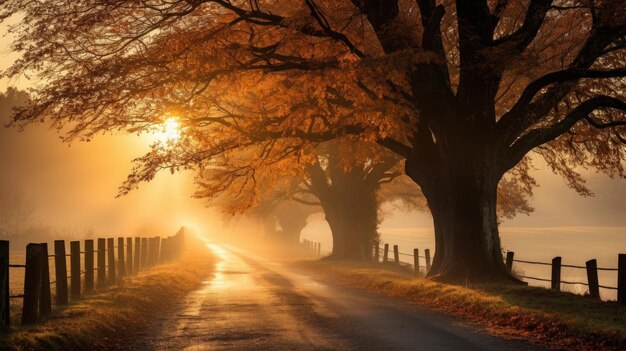 Foto una foto de un camino rural con árboles de otoño.