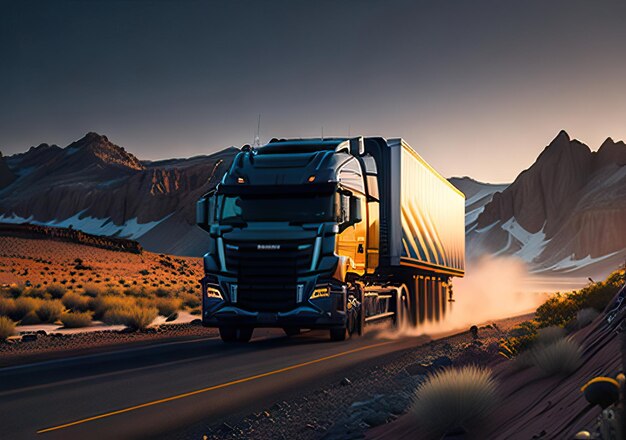 Foto foto de un camión en una carretera con un hermoso paisaje