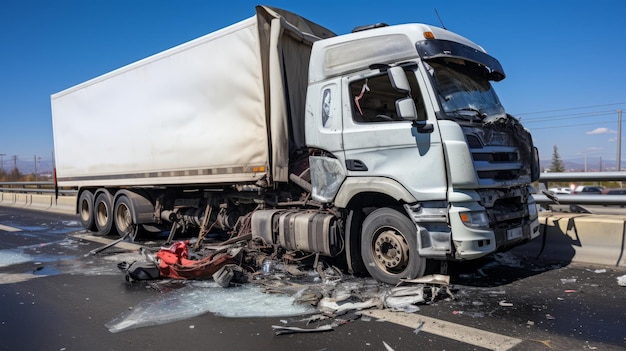 Foto foto del camión dañado después de un accidente en la autopista