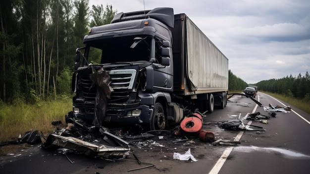 Foto foto del camión dañado después de un accidente en la autopista