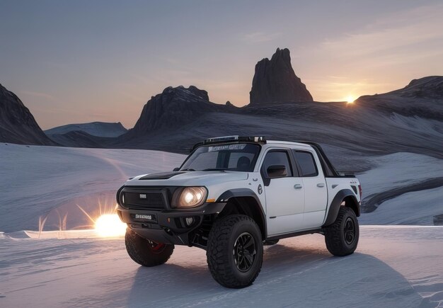 Foto foto de una camioneta futurista y moderna en el paisaje