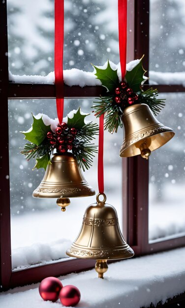 Foto de las campanas ornamentales de Navidad en una ventana nevada