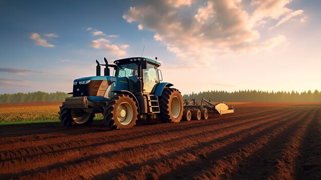 Una foto de un campo arado con un tractor temprano en la mañana