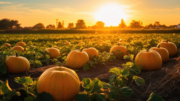 Una foto de un campo de calabazas en la hora dorada con una cálida luz naranja