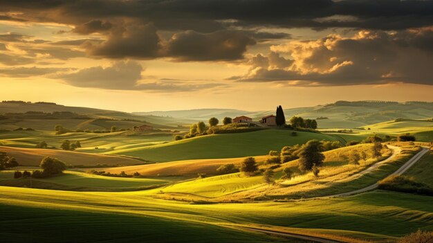 Foto una foto de un campo con colinas y luz de la hora dorada.