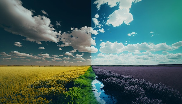 Una foto de un campo de flores moradas y un cielo azul con nubes.