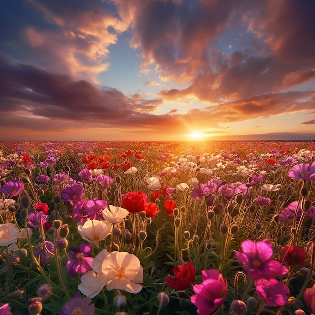 Foto de un campo de flores con el sol brillando una escena vibrante capturada en la naturaleza