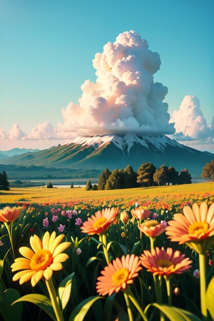 Una foto de un campo con flores y un volcán al fondo.