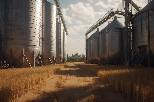 Una foto de un campo con grandes silos de metal en primer plano.