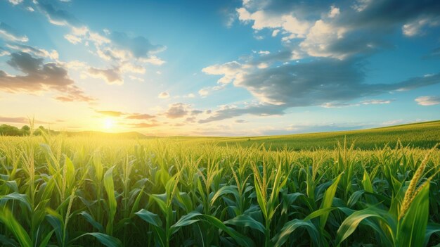 Una foto de un campo de maíz con una luz de hora dorada de cielo azul brillante