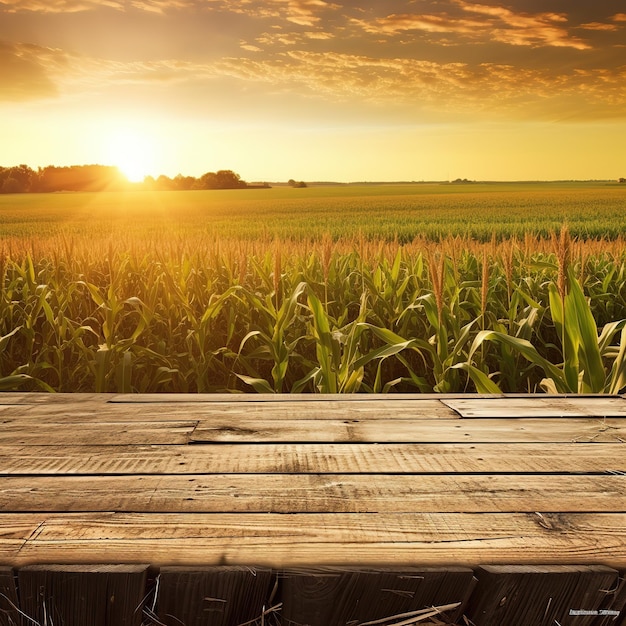 Una foto de un campo de maíz con una plataforma de madera al frente.