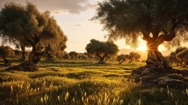 Una foto de un campo de olivos en la hora dorada de la luz del sol