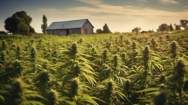 Una foto de un campo de plantas de cáñamo con un granero rústico.