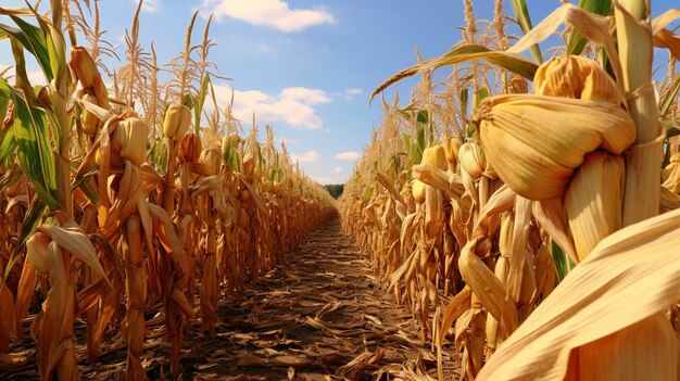 Una foto de un campo de tallos de maíz listos para la cosecha en una granja