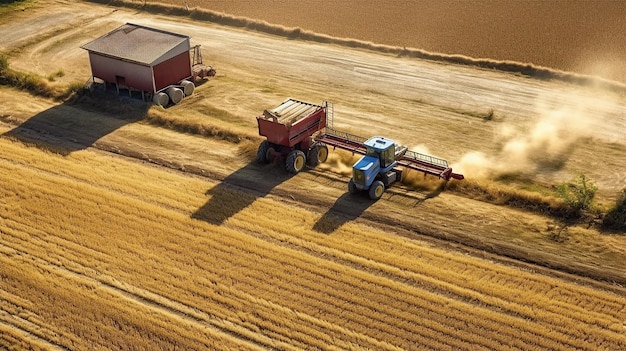 Foto de un campo de trigo que se cosecha con equipos pesados IA generativa